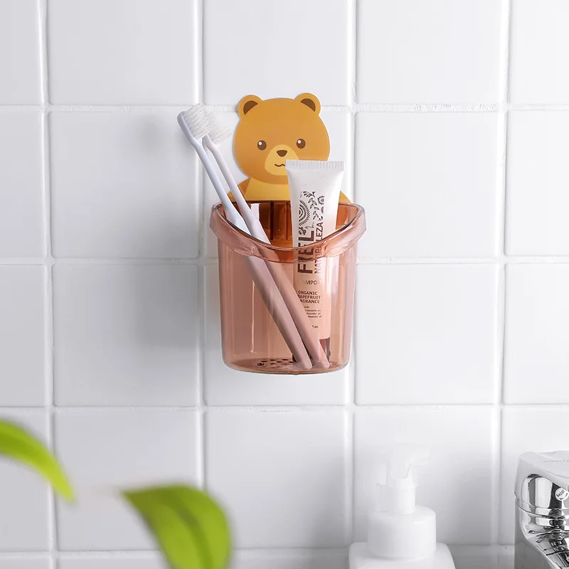2pcs Wall Mounted Bathroom Bear Toothbrush Holder Kids Non-Stick Cuddle Shelf Cute Animal Design for Children's Oral Hygiene - Image 4