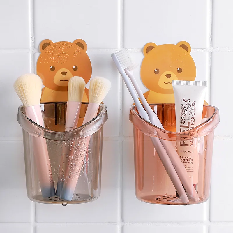 2pcs Wall Mounted Bathroom Bear Toothbrush Holder Kids Non-Stick Cuddle Shelf Cute Animal Design for Children's Oral Hygiene