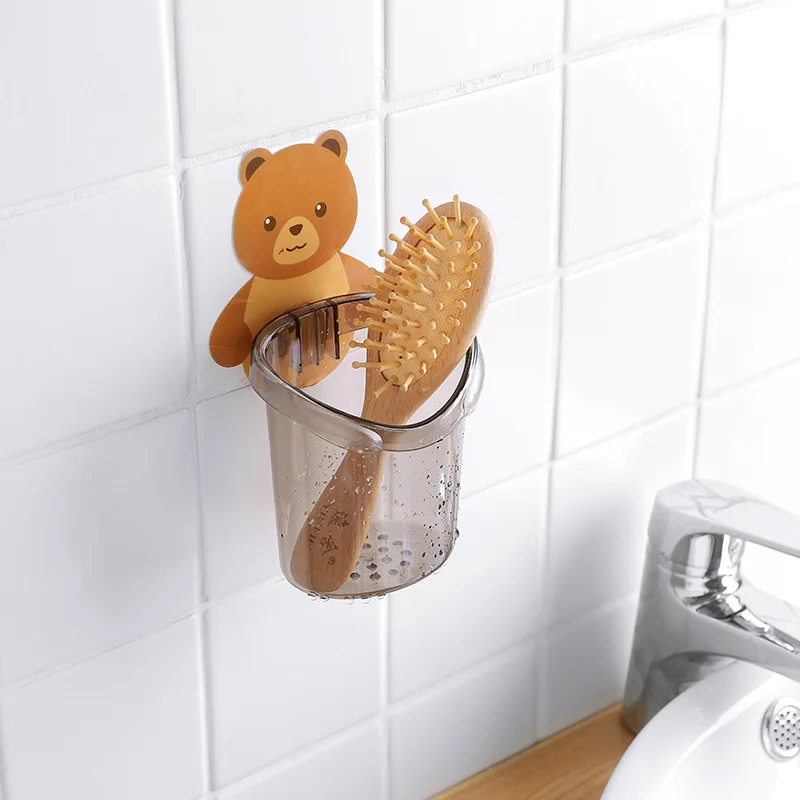 2pcs Wall Mounted Bathroom Bear Toothbrush Holder Kids Non-Stick Cuddle Shelf Cute Animal Design for Children's Oral Hygiene - Image 2