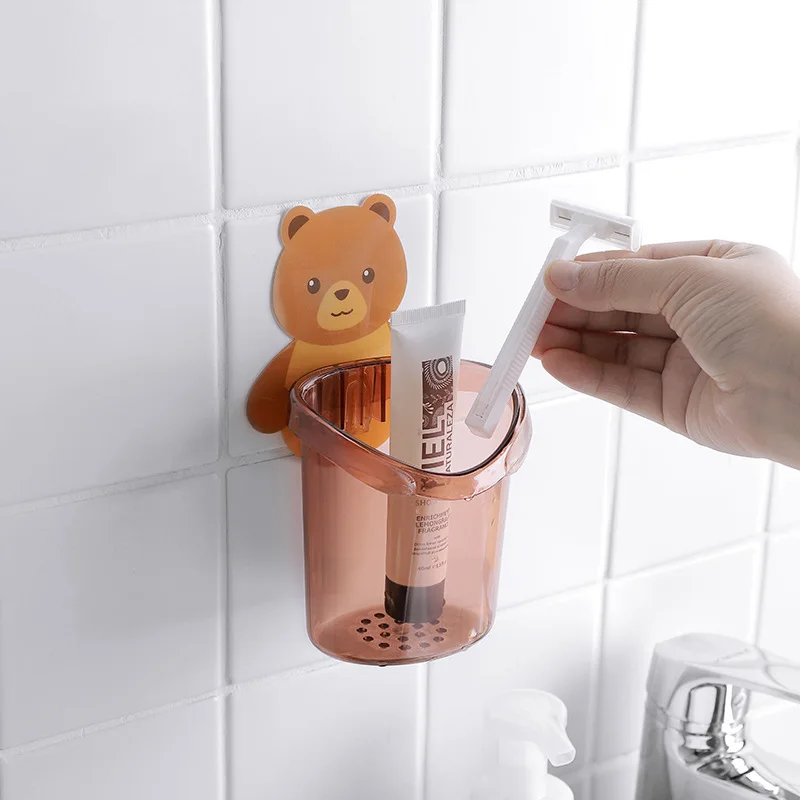 2pcs Wall Mounted Bathroom Bear Toothbrush Holder Kids Non-Stick Cuddle Shelf Cute Animal Design for Children's Oral Hygiene - Image 5