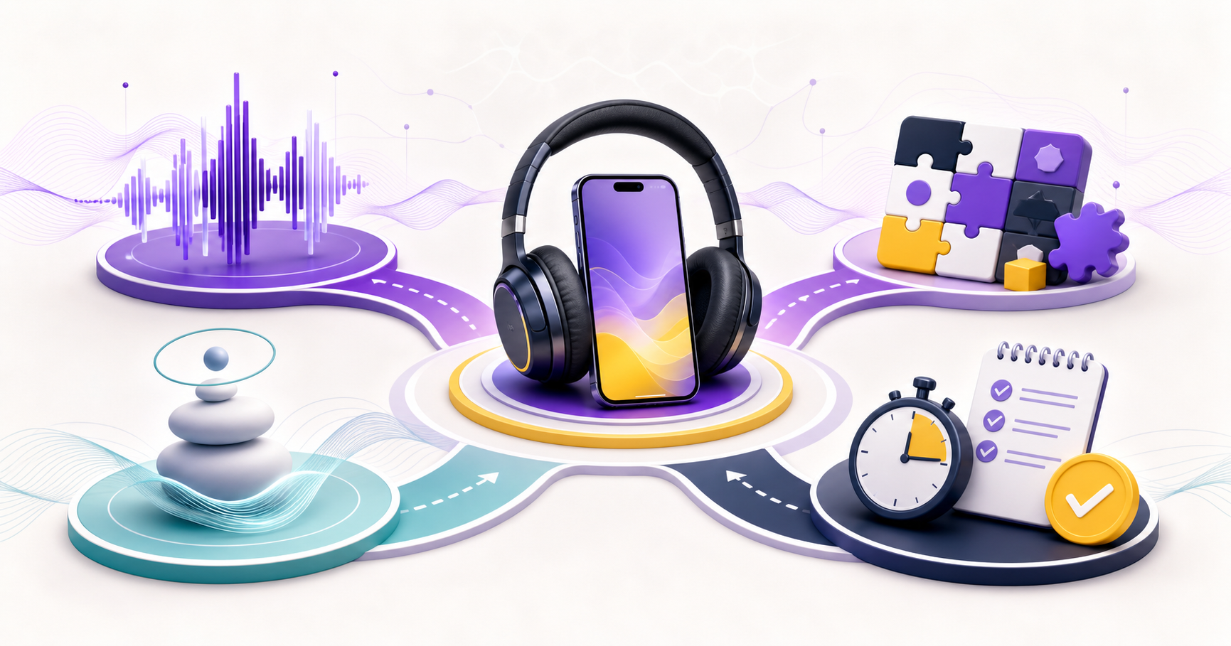 Headphones and smartphone at the center of audio, brain-training, meditation and practical focus options