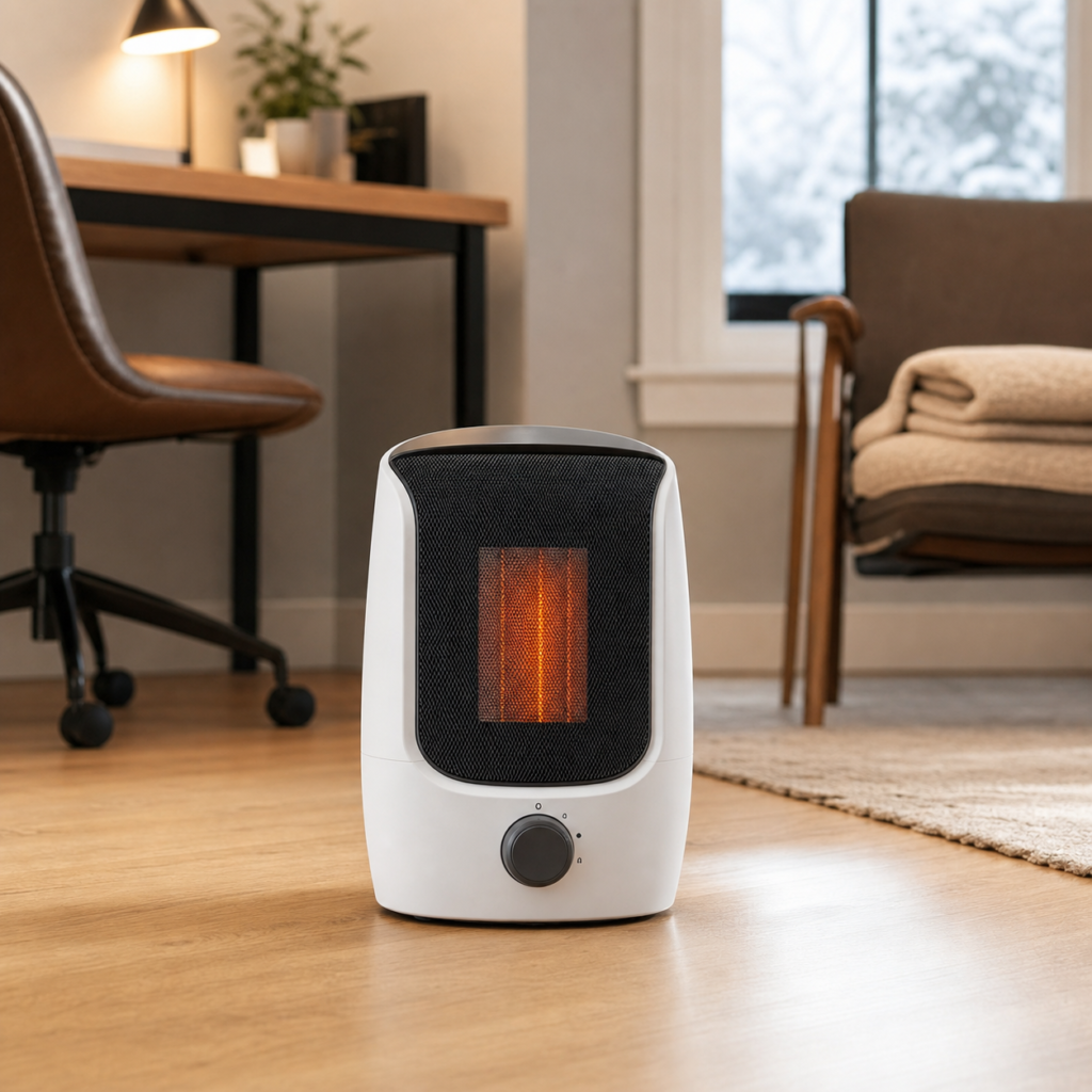 Editorial illustration of a compact ceramic space heater in a home office