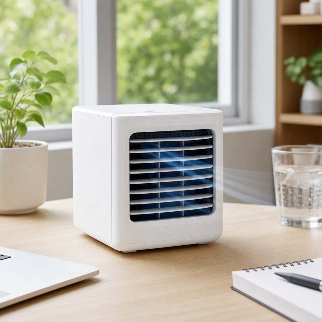 Editorial illustration of a compact portable air cooler on a desk