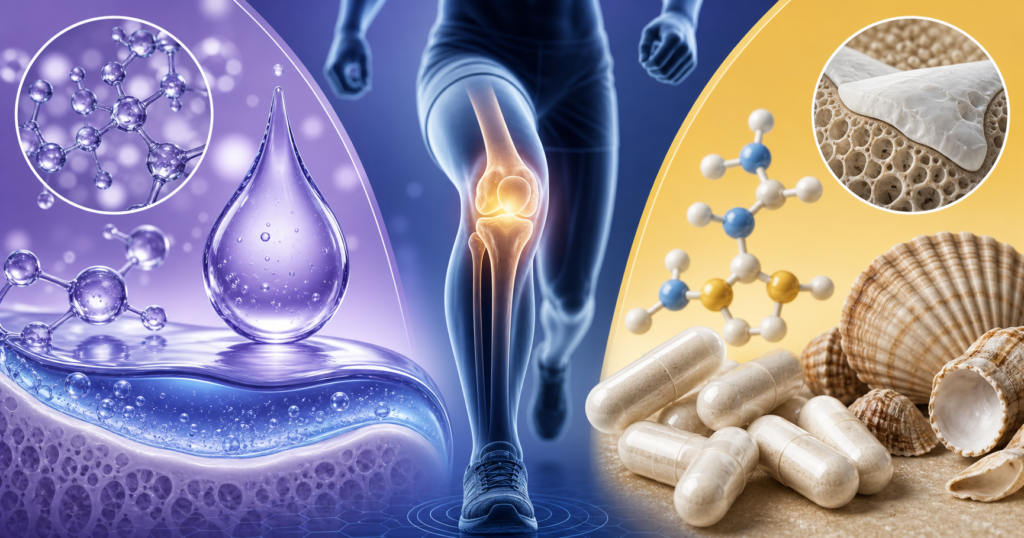 Comparison of hyaluronic acid and glucosamine joint supplements beside a knee joint illustration