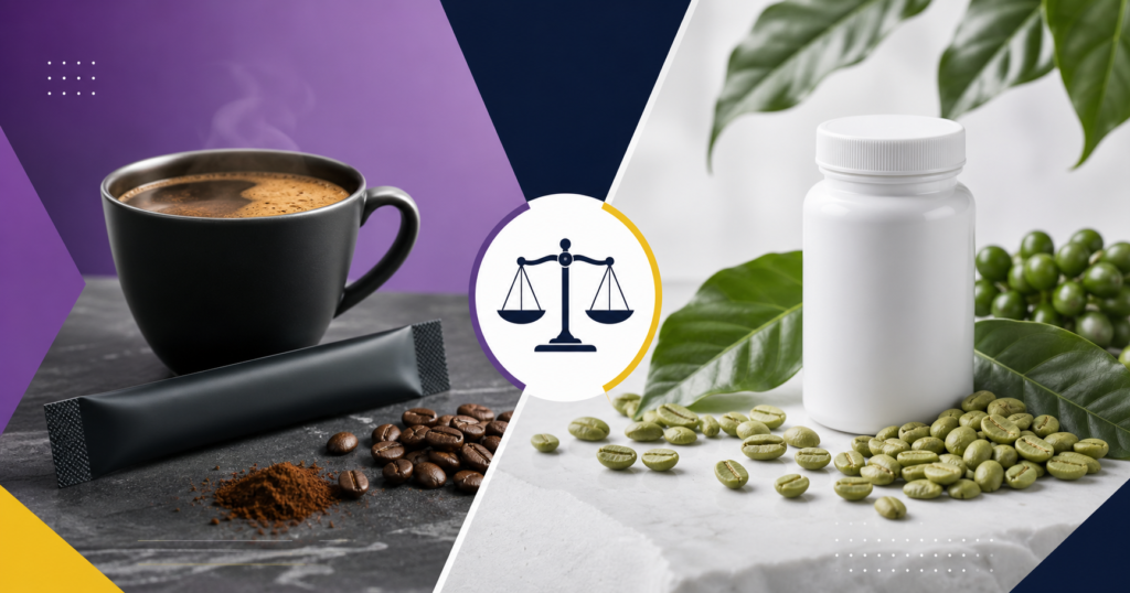 Java Burn sachet beside green coffee beans for a supplement comparison