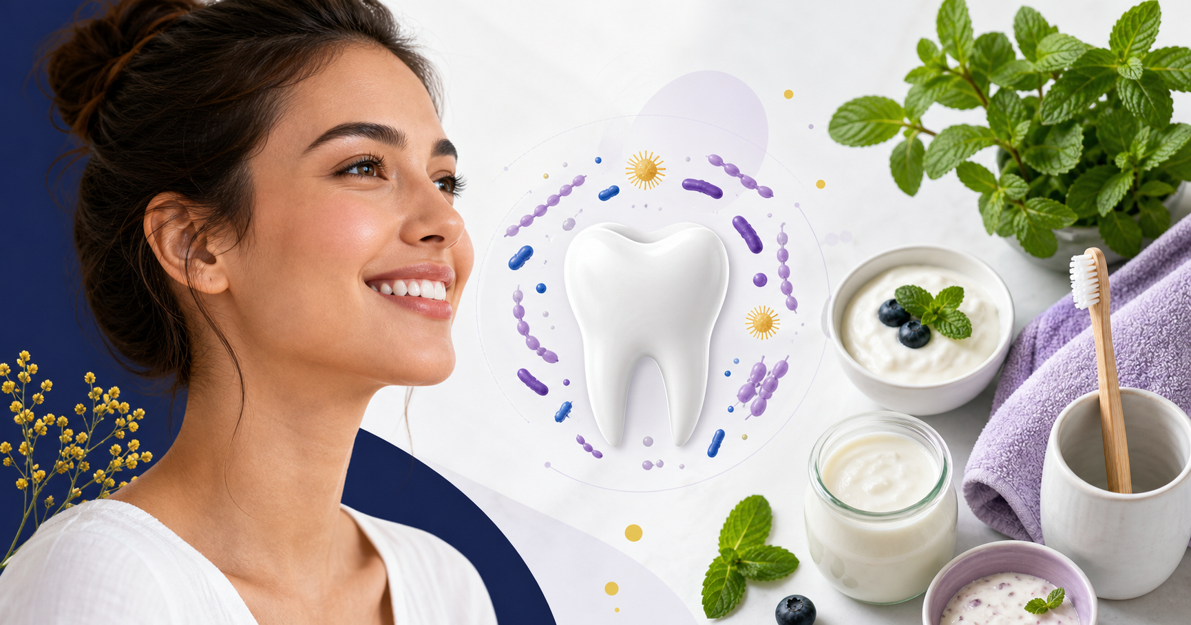 Oral care items and a chewable supplement representing ways to support the oral microbiome