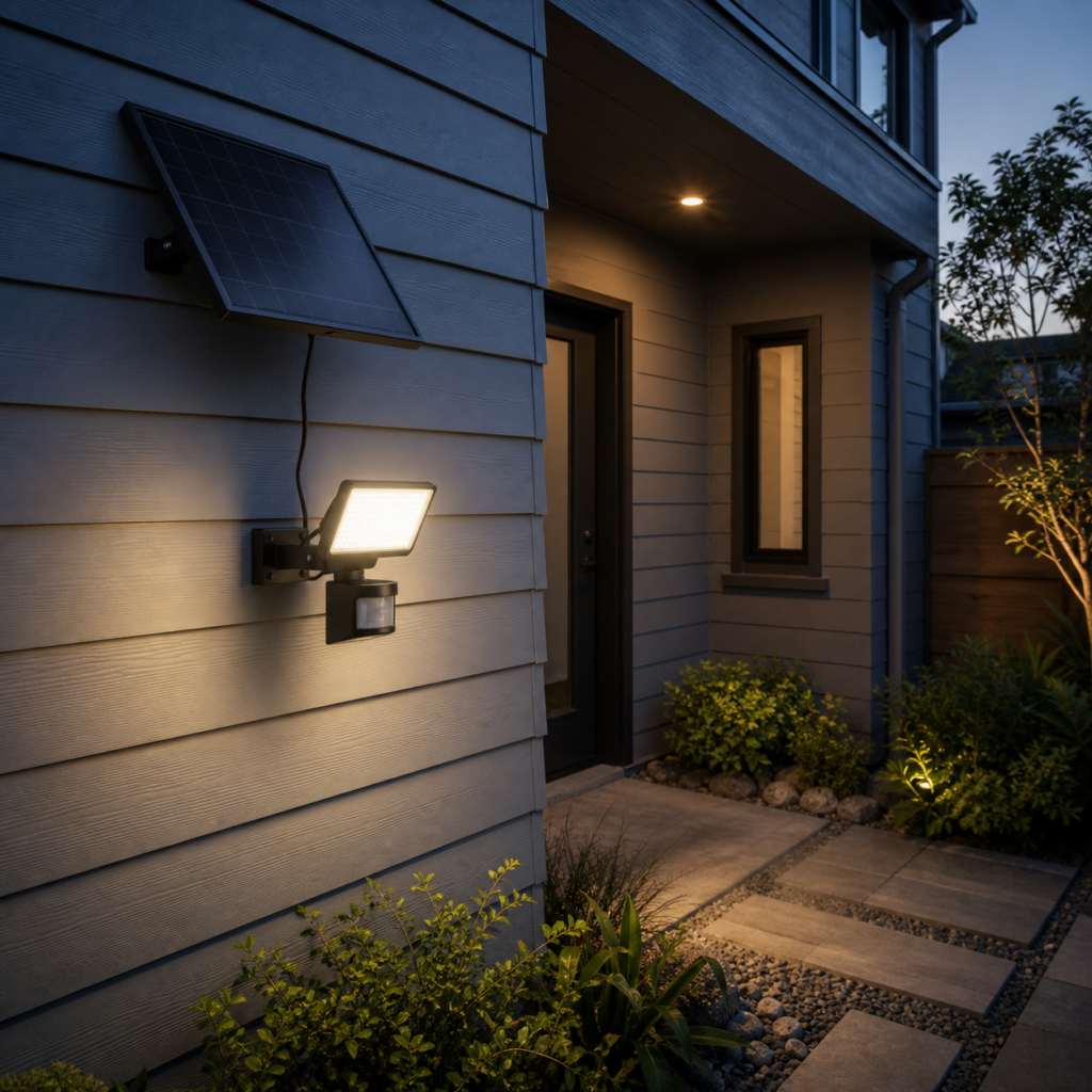 Editorial illustration of a solar-powered outdoor flood light installed on a home