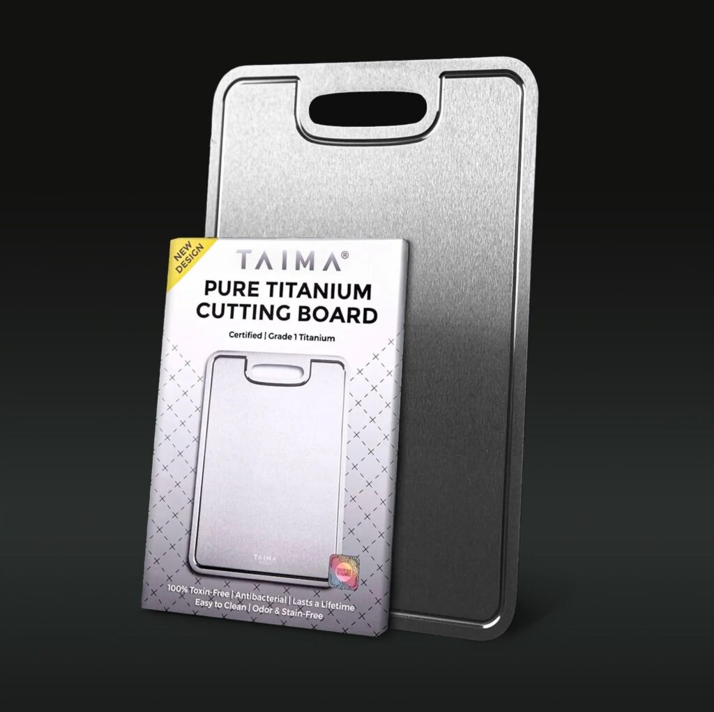 Taima Titanium Cutting Board V2 on a kitchen counter