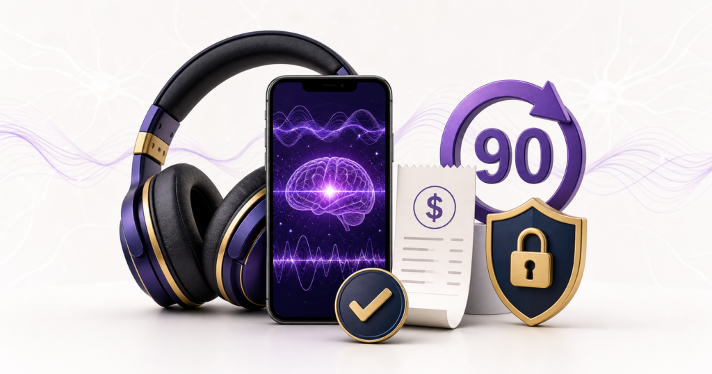 Headphones, digital audio screen, receipt, 90-day refund symbol and privacy shield for The Brain Song buyer review