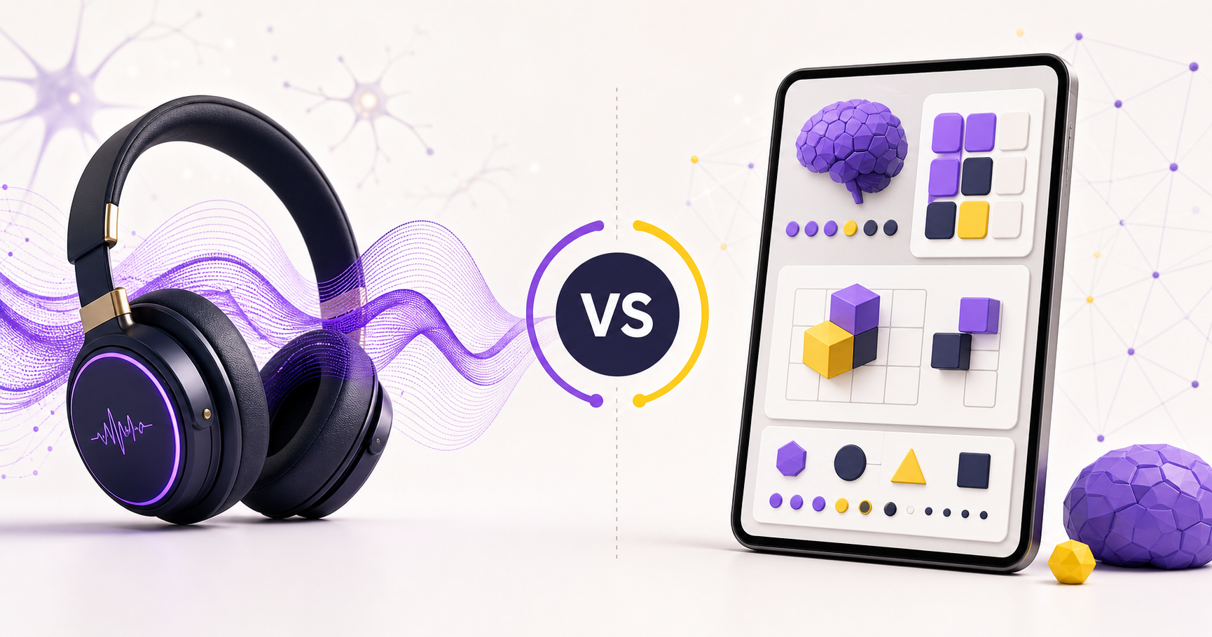 Headphones with audio waves compared with an interactive brain-training app interface