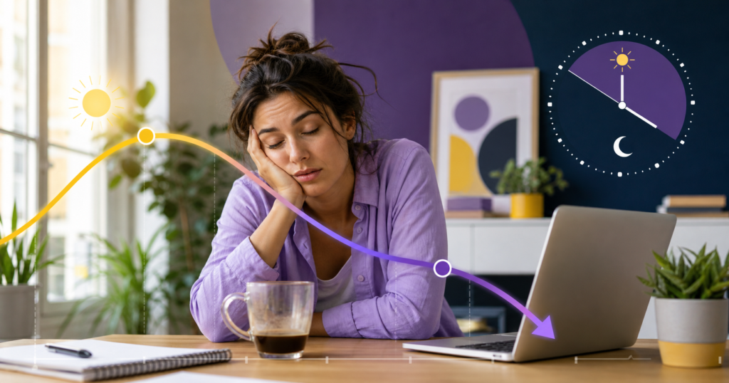 A cup of coffee beside a notebook tracking sleep and daily energy